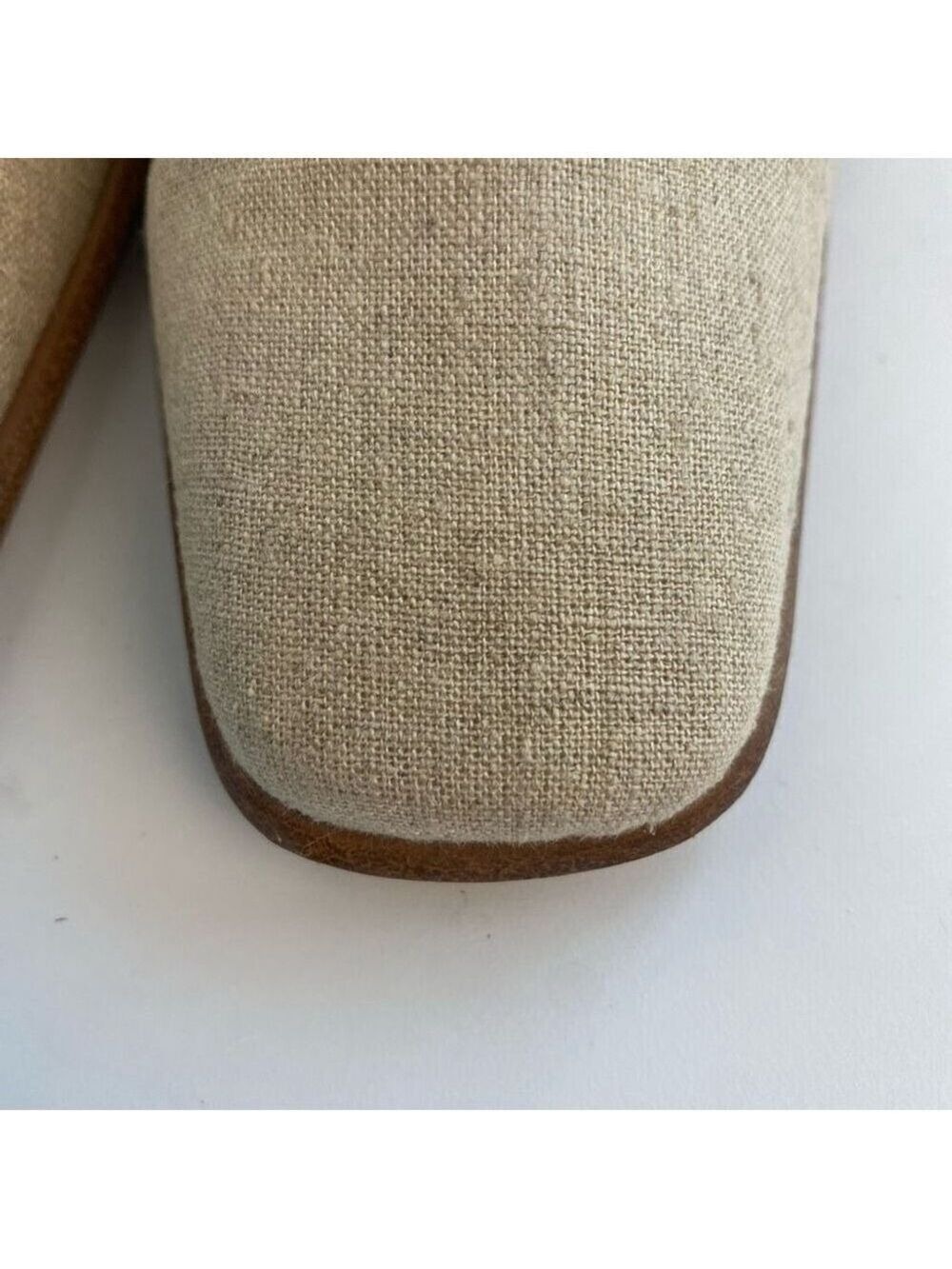 Nine West Beige Tan Linen Like Fabric Shoes Pump Square Toe Wood Block Heel Wome - Picture 11 of 11